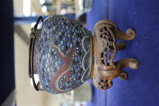 A Chinese cloisonne teapot and stand height 9.5cm